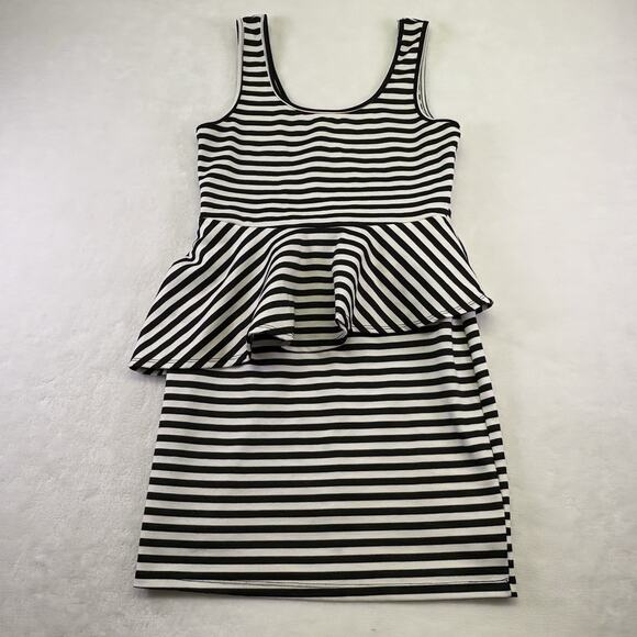 Living Doll Black White Striped Peplum Bodycon Sleeveless Mini Dress Size L - Picture 1 of 9